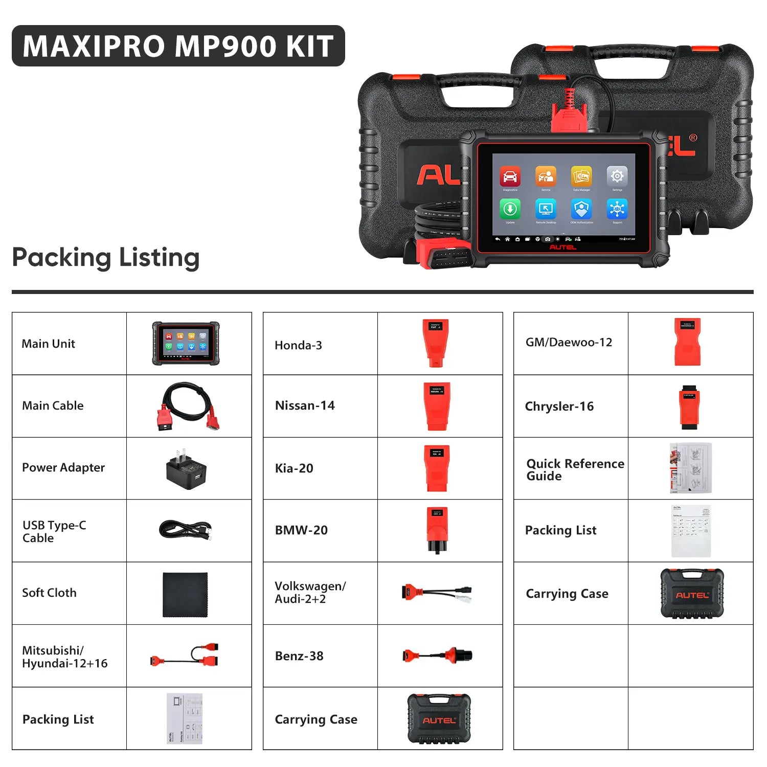Autel MaxiPRO MP900 KIT Scanner Packing List