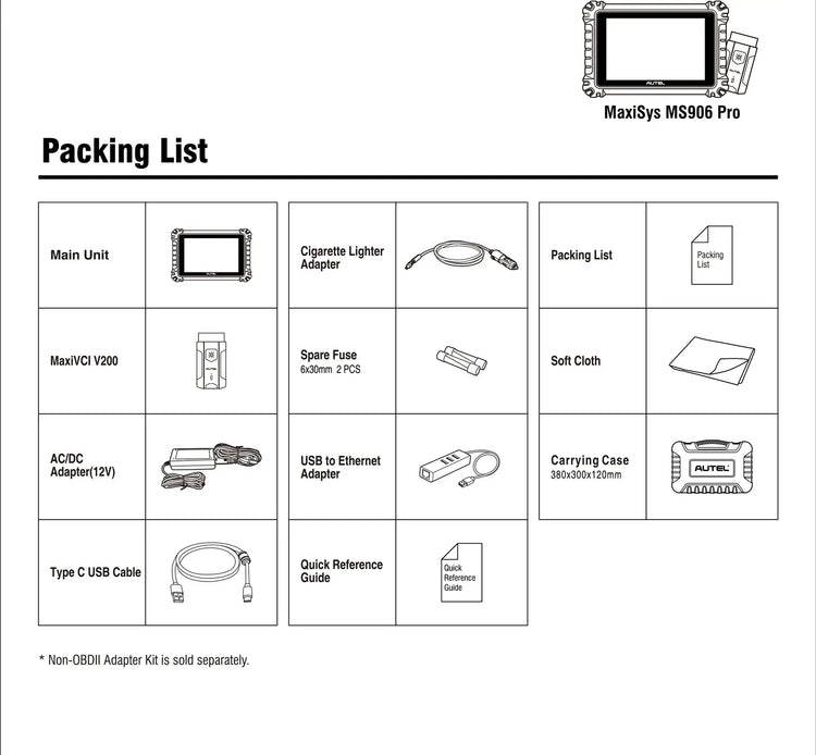 Autel MS906 Pro Packing list